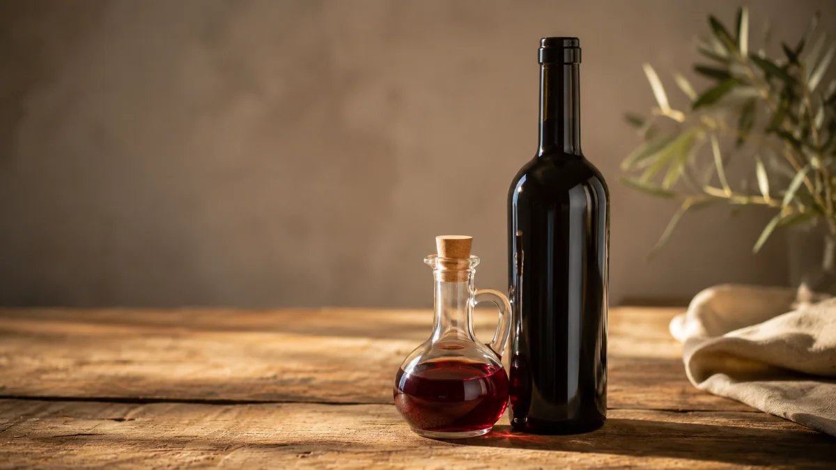 Ampolla e bottiglia di aceto di vino su tavolo di legno, produzione e conservazione