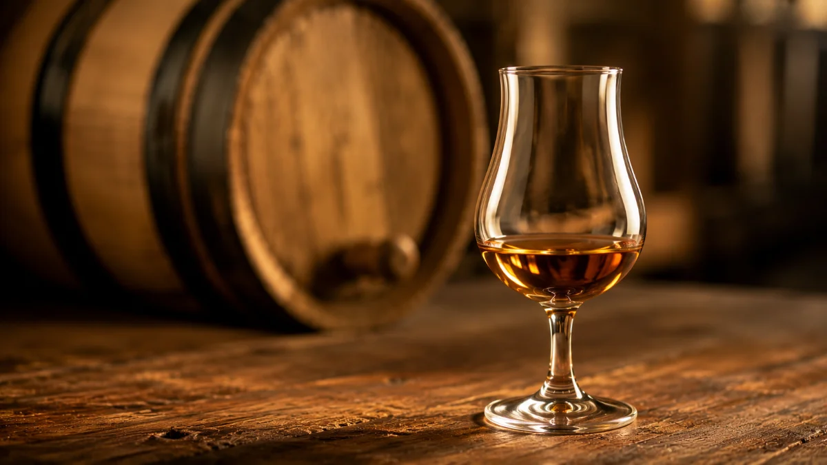 Bicchiere da degustazione con Armagnac ambrato accanto a una botte di quercia