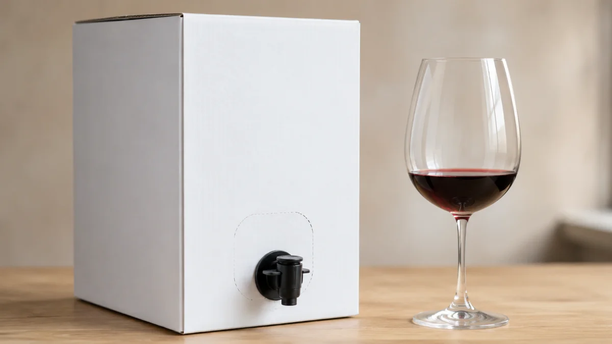 Bag in box con rubinetto accanto a un calice di vino rosso, formato che conserva il vino dopo l apertura