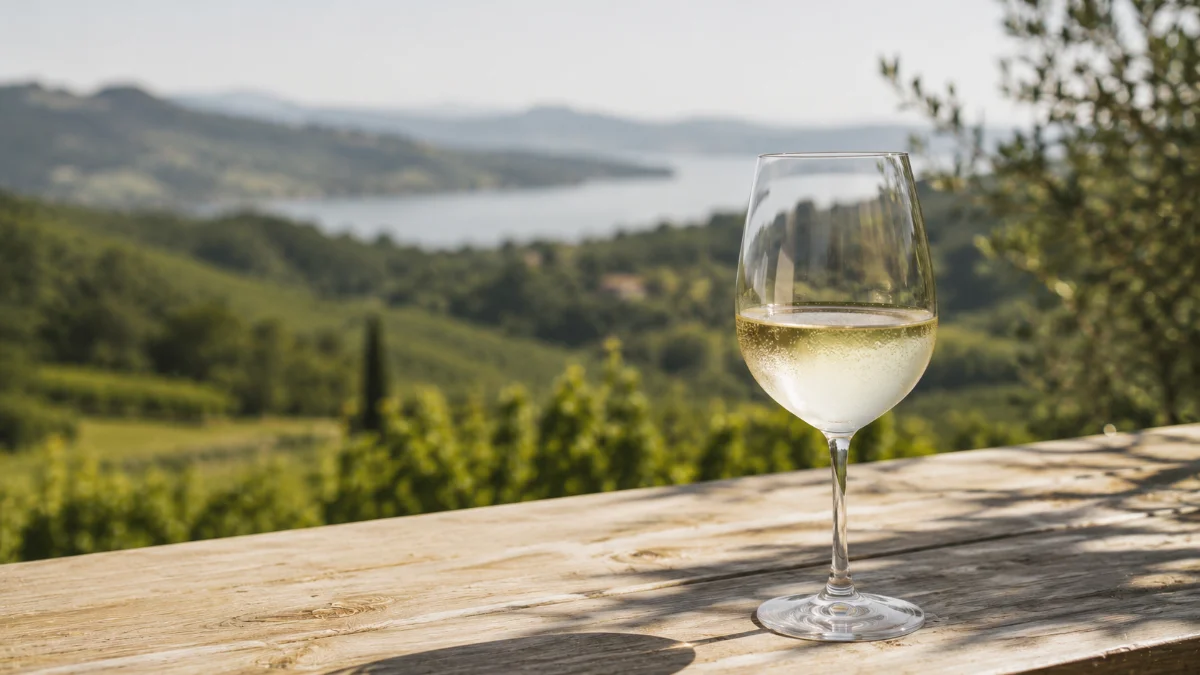 Calice di Bianco di Custoza DOC con le colline moreniche dell entroterra gardesano