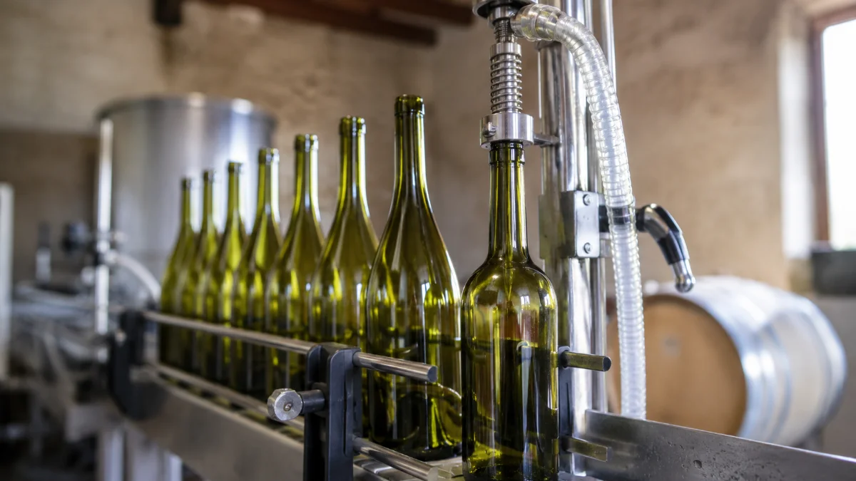 Bottiglie vuote e riempitrice manuale in cantina durante l imbottigliamento del vino