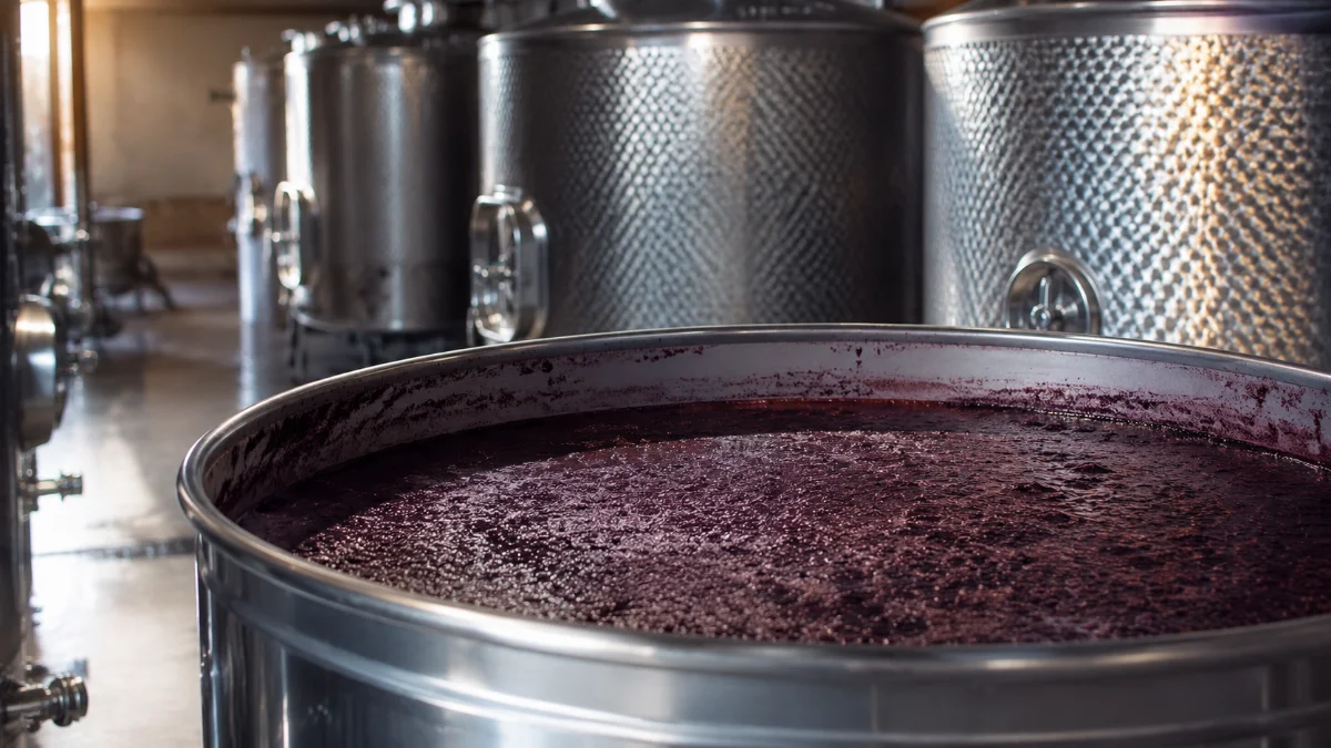 Tini di acciaio inox in cantina durante la fermentazione, fase centrale della vinificazione
