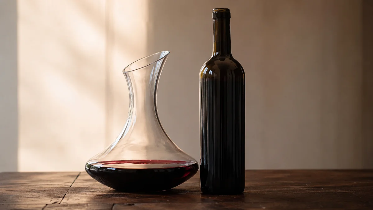 Decanter in vetro con vino rosso accanto alla bottiglia, servizio della decantazione