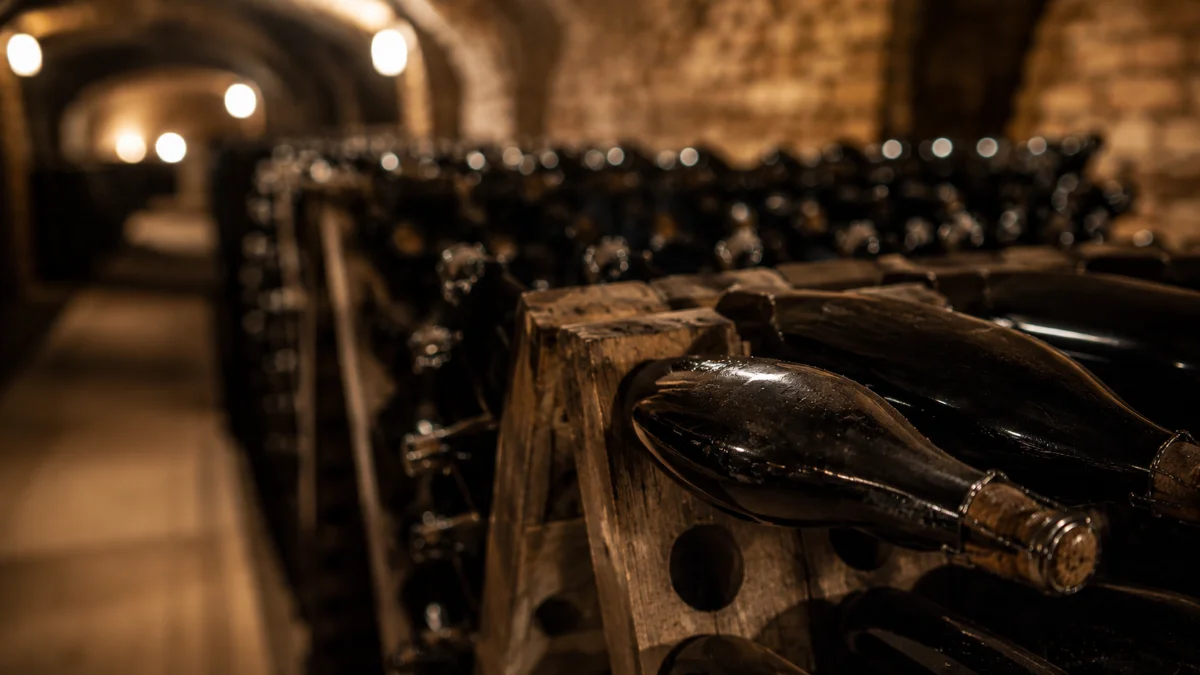 Bottiglie di spumante Metodo Classico in affinamento sui lieviti in cantina