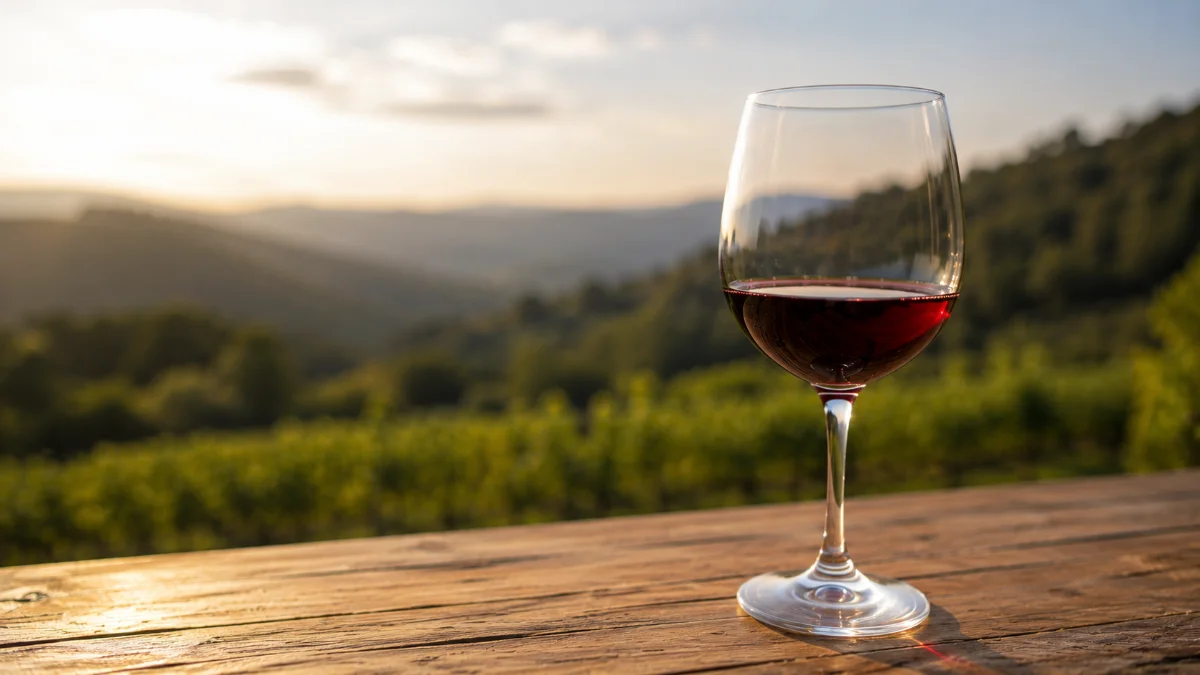 Calice di Nebbiolo dell Alto Piemonte con le colline del Biellese sullo sfondo