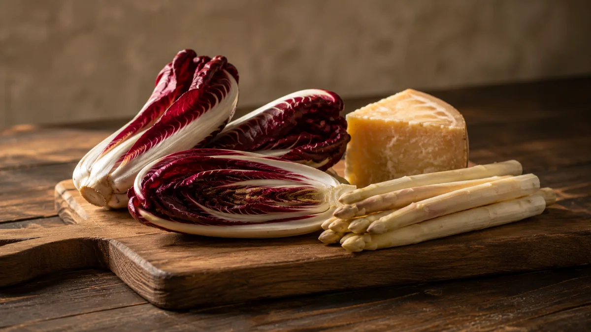 Radicchio rosso di Treviso, formaggio stagionato e asparagi bianchi, eccellenze venete DOP e IGP