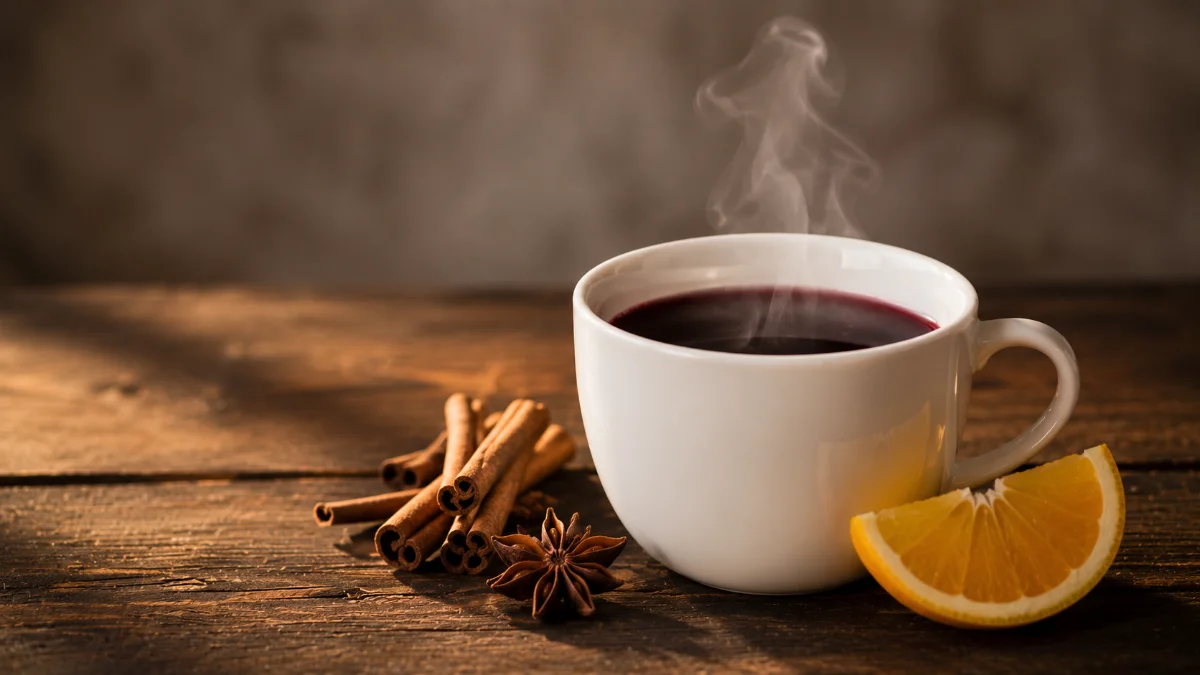 Tazza di vin brule fumante con cannella, anice stellato e scorza d arancia