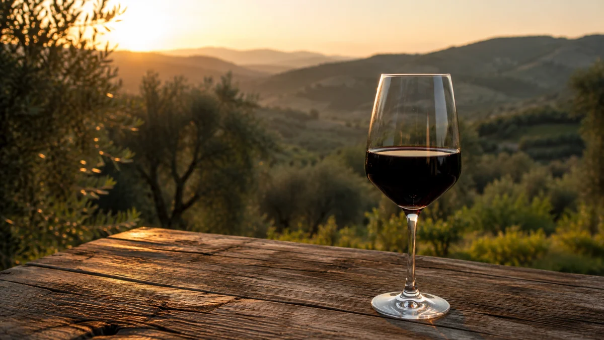 Calice di Sagrantino di Montefalco dal colore intenso con le colline umbre sullo sfondo