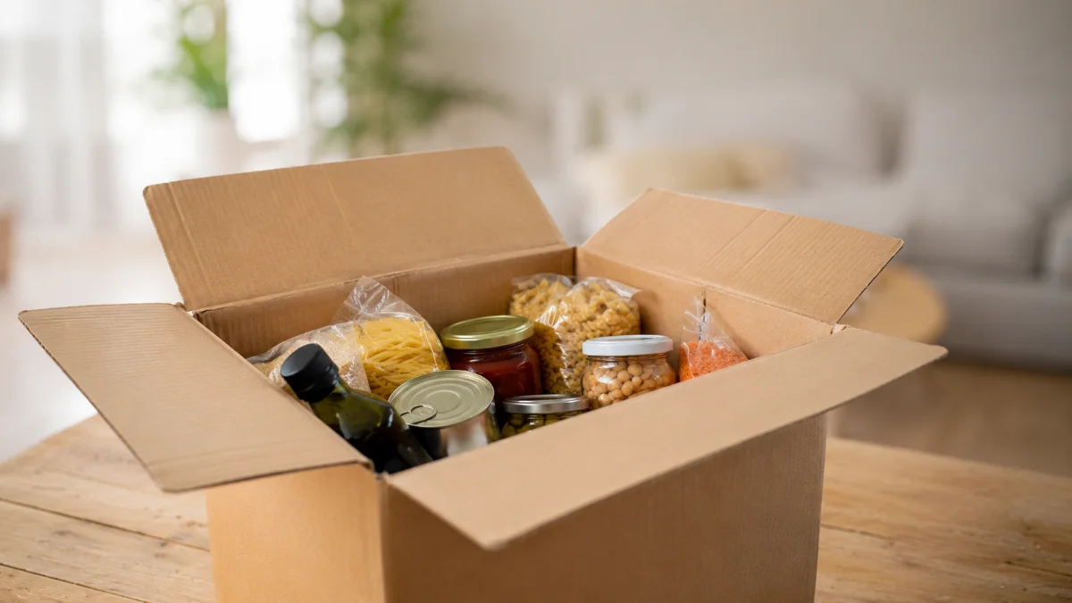 Scatola di consegna della spesa online aperta su un tavolo con prodotti alimentari