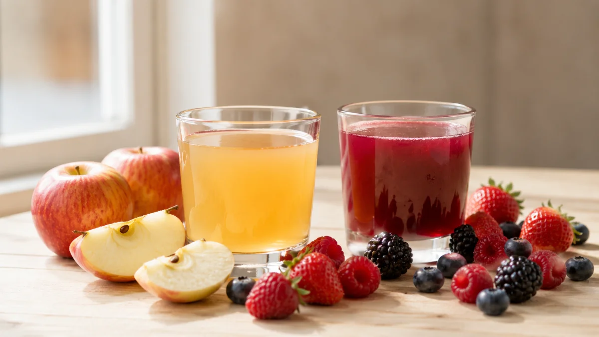 Bicchieri di succo di frutta con frutta fresca accanto, come riconoscere i migliori succhi italiani