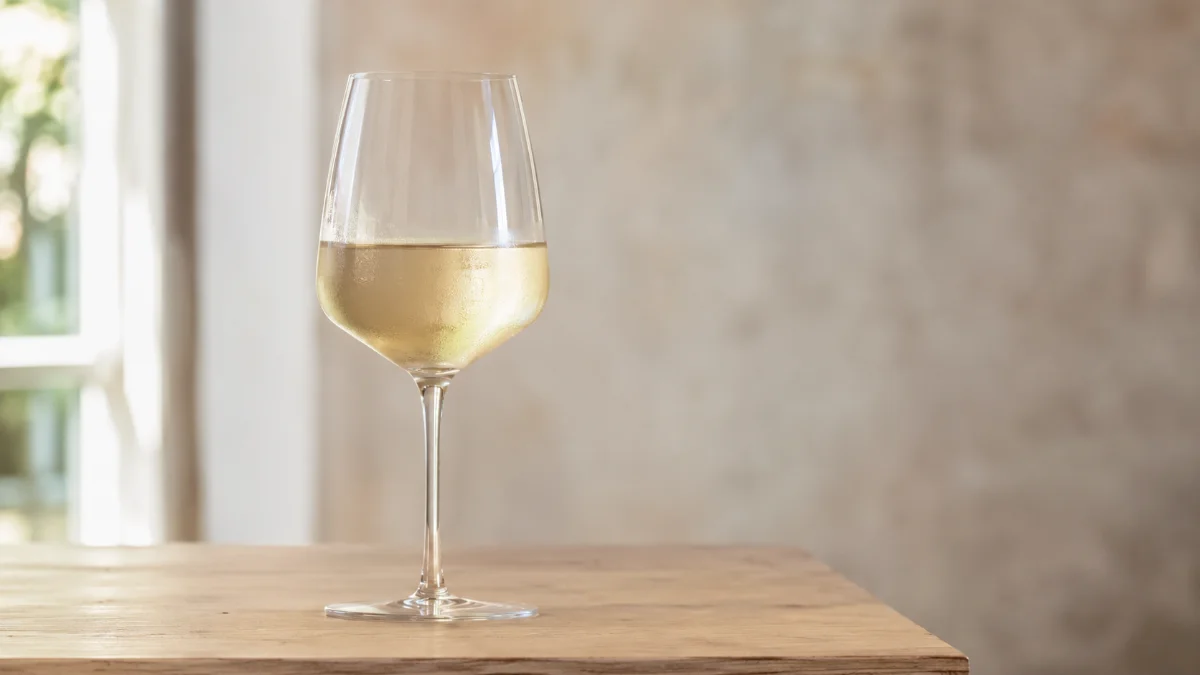 Calice di vino bianco sardo fruttato servito fresco su tavolo di legno chiaro