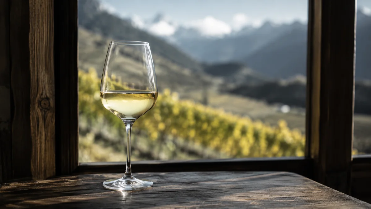 Calice di vino bianco altoatesino davanti ai vigneti di montagna dell Alto Adige