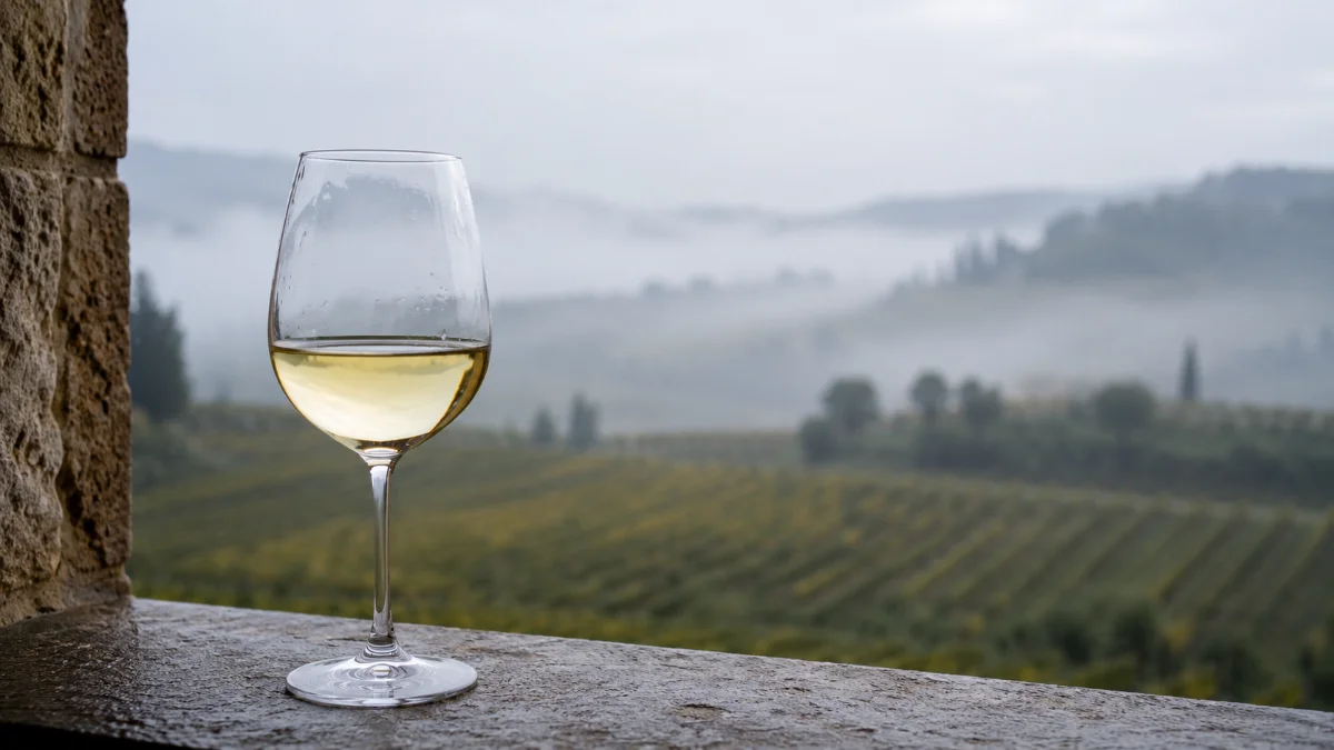Calice di vino bianco piemontese con colline vitate nebbiose sullo sfondo