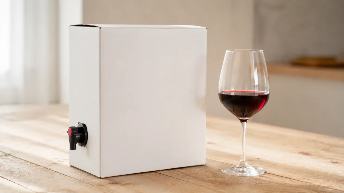 Contenitore di cartone per vino accanto a un calice, formato alternativo alla bottiglia