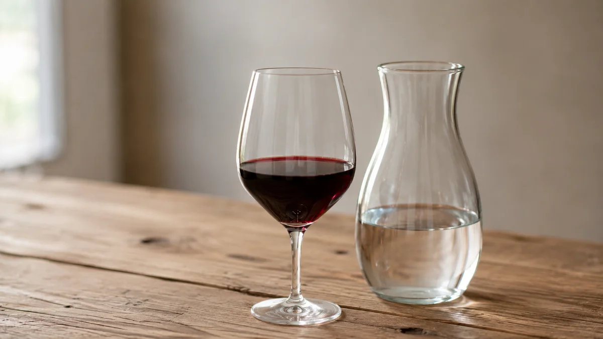 Calice di vino rosso accanto a una caraffa d acqua, immagine sul consumo responsabile
