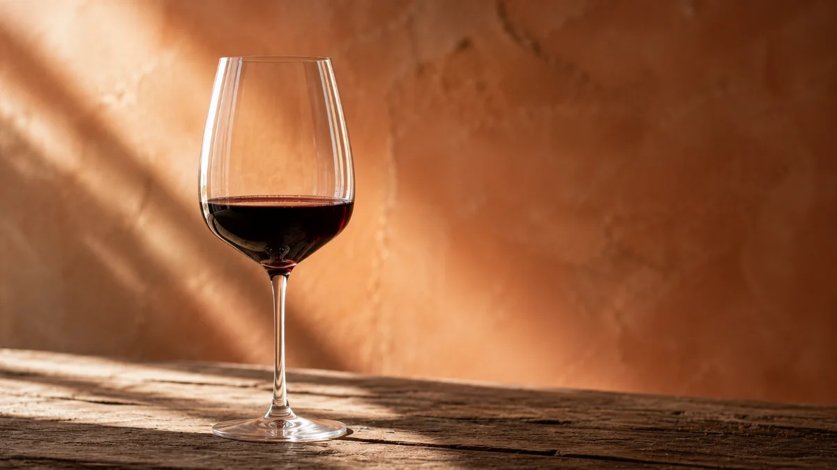 Calice di vino rosso marchigiano da uve Montepulciano su tavolo di legno grezzo