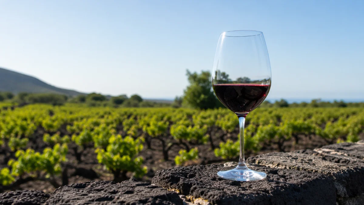 Calice di vino rosso siciliano su pietra lavica con vigneti ad alberello sullo sfondo