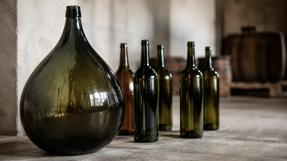 Damigiana e bottiglie in cantina, formati tipici della vendita di vino sfuso