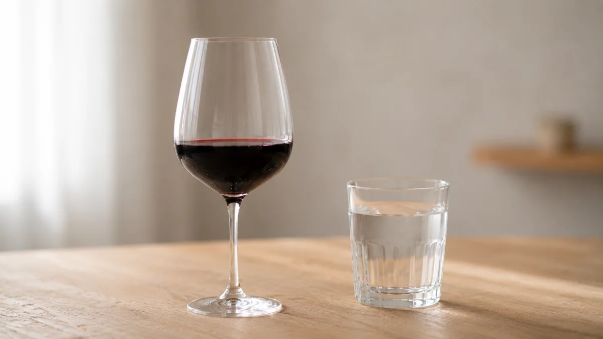 Calice di vino rosso accanto a un bicchiere d acqua, immagine sul consumo consapevole